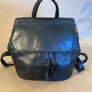 Overland Black Genuine Leather Drawstring Flap Magnetic Close Backpack RFID